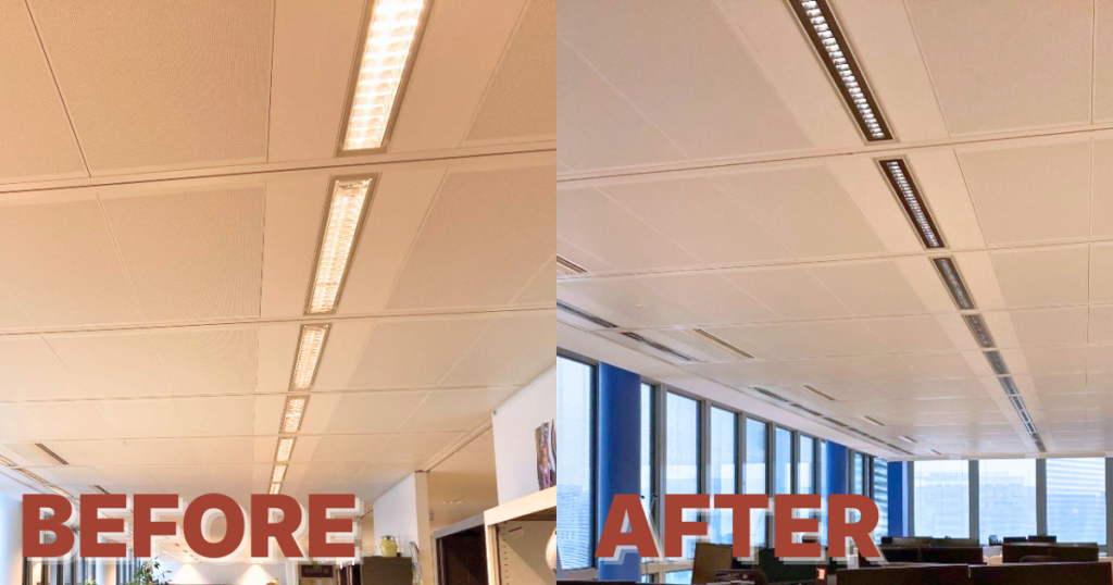 Before and after an LED retrofit project for office lighting by TRATO
