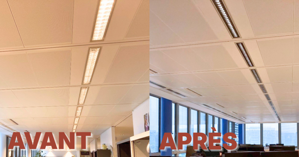 Avant et après rénovation de l’éclairage de bureaux avec une solution de retrofit LED TRATO